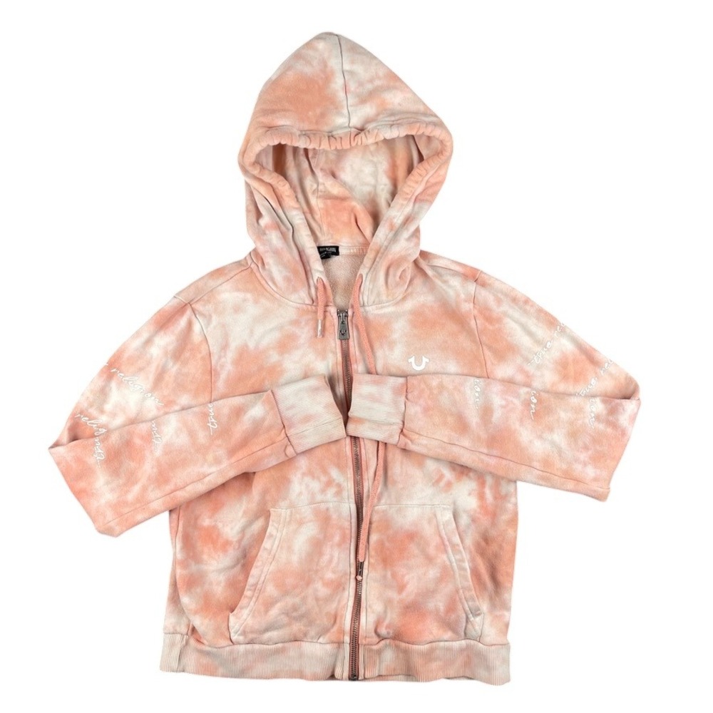 True Religion Hoodie Womens Small ‎ Pink Tie Dye Full Zip Logo Graphic Sweater